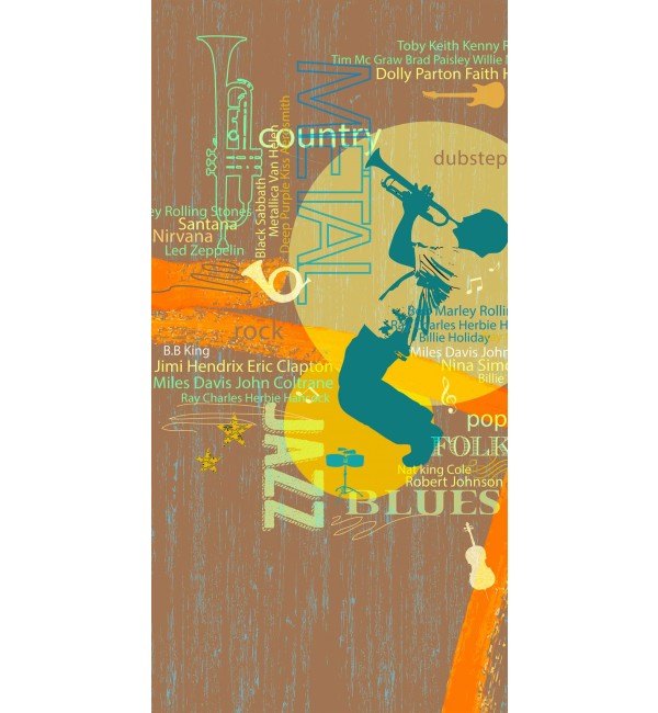 Brown designer laminate with high gloss finish and music-themed pattern featuring instruments and artist names in various