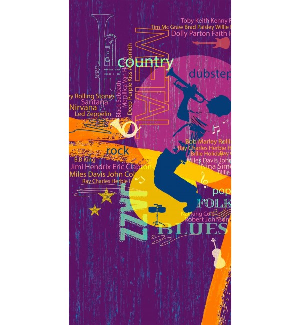 Purple suede designer laminate with music-themed graphics and text, featuring various genres and artist names in different