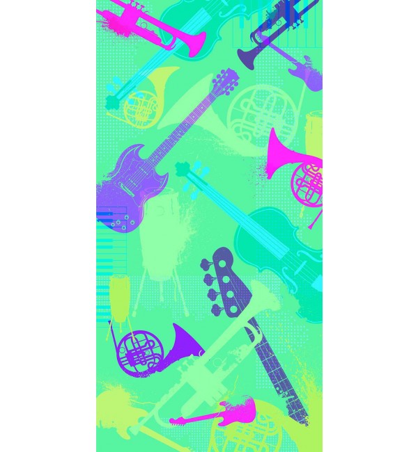 Multi-colour musical instrument pattern on high gloss decorative laminate with vibrant green background and various