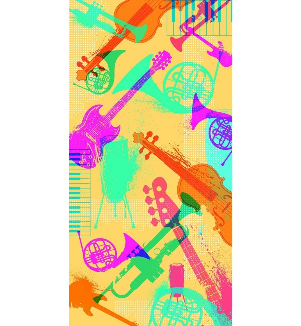 Multi-colour music-themed suede laminate with vibrant instruments and abstract shapes on yellow background, designer pattern