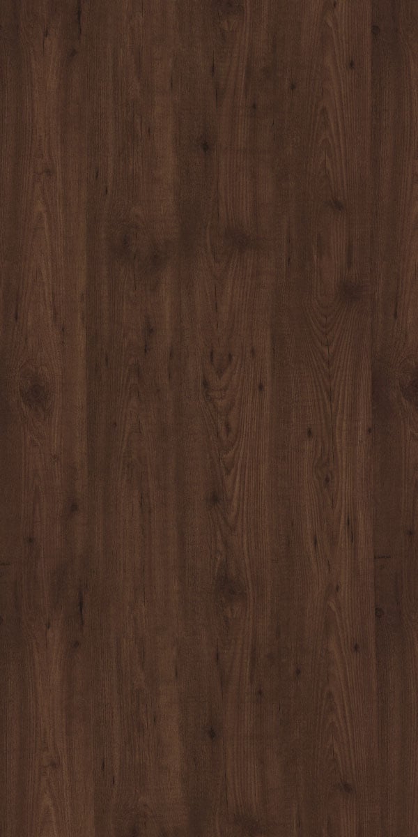 Brown wood grain decorative laminate with suede finish and visible wood texture and knots