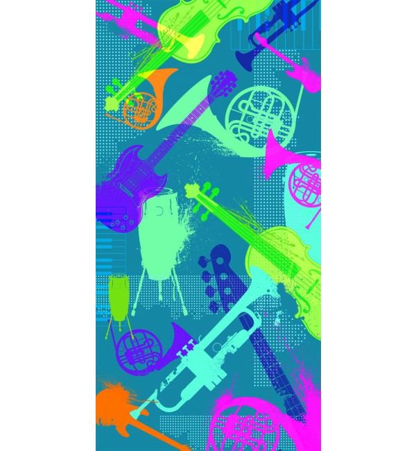 Multi-coloured musical instruments pattern on suede finish decorative laminate with vibrant hues and abstract design