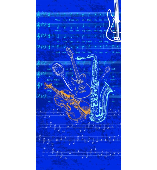 Blue suede decorative laminate with musical instrument pattern and sheet music background