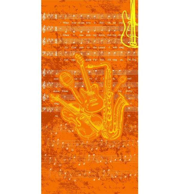 Orange high gloss designer laminate with musical instruments and sheet music pattern, vibrant yellow graphics, decorative