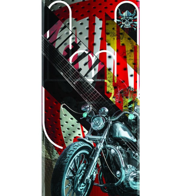 Metallic laminate with suede finish, featuring a motorcycle design and abstract red and yellow pattern with skull logo.