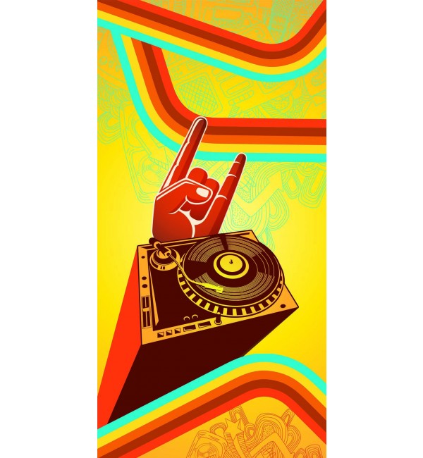 Yellow decorative laminate with graphic design of hand and record player, high gloss finish, vibrant colors and abstract