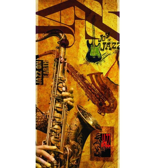 Brown high gloss laminate with jazz theme design, featuring musical instruments and abstract patterns, decorative designer