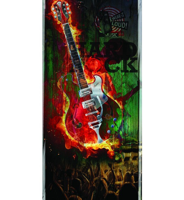 Hard Rock decorative laminate with high gloss finish and multi-colour design featuring guitar and flames pattern on a green
