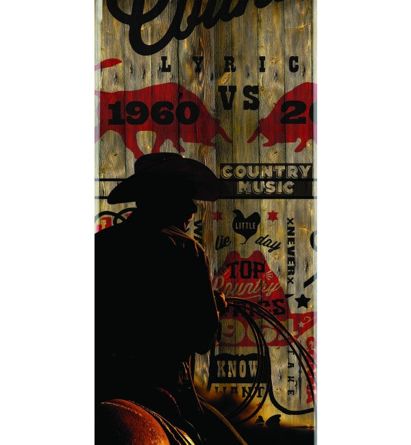 Brown country music themed laminate with cowboy silhouette, wooden texture, and red bull graphics in high gloss finish
