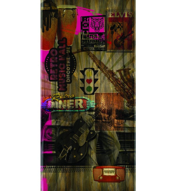 Multicolour music theme laminate with high gloss finish and collage design featuring guitars and musical elements in various