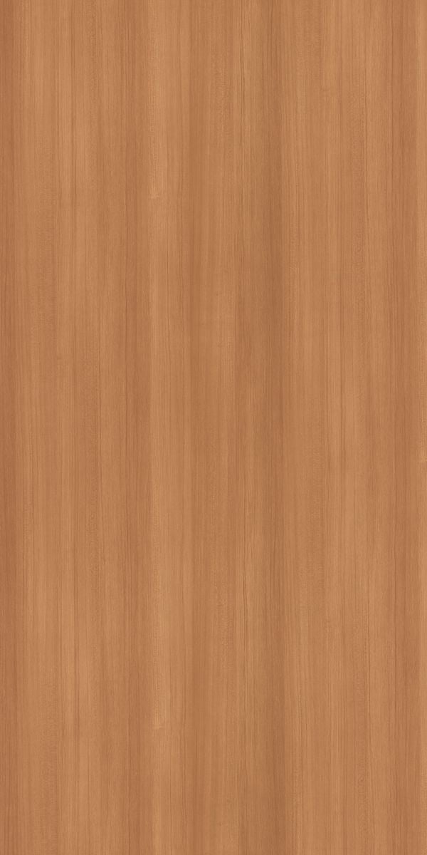 Brown wood grain decorative laminate with suede finish and vertical wood pattern texture