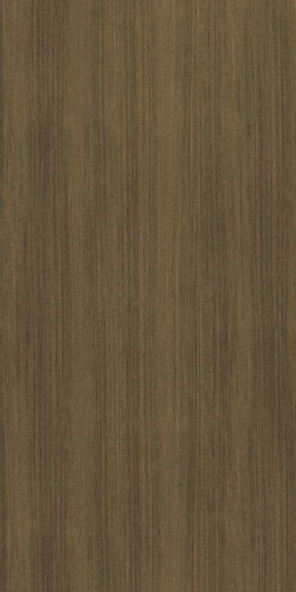 Brown wood grain decorative laminate with suede finish and vertical wood pattern texture