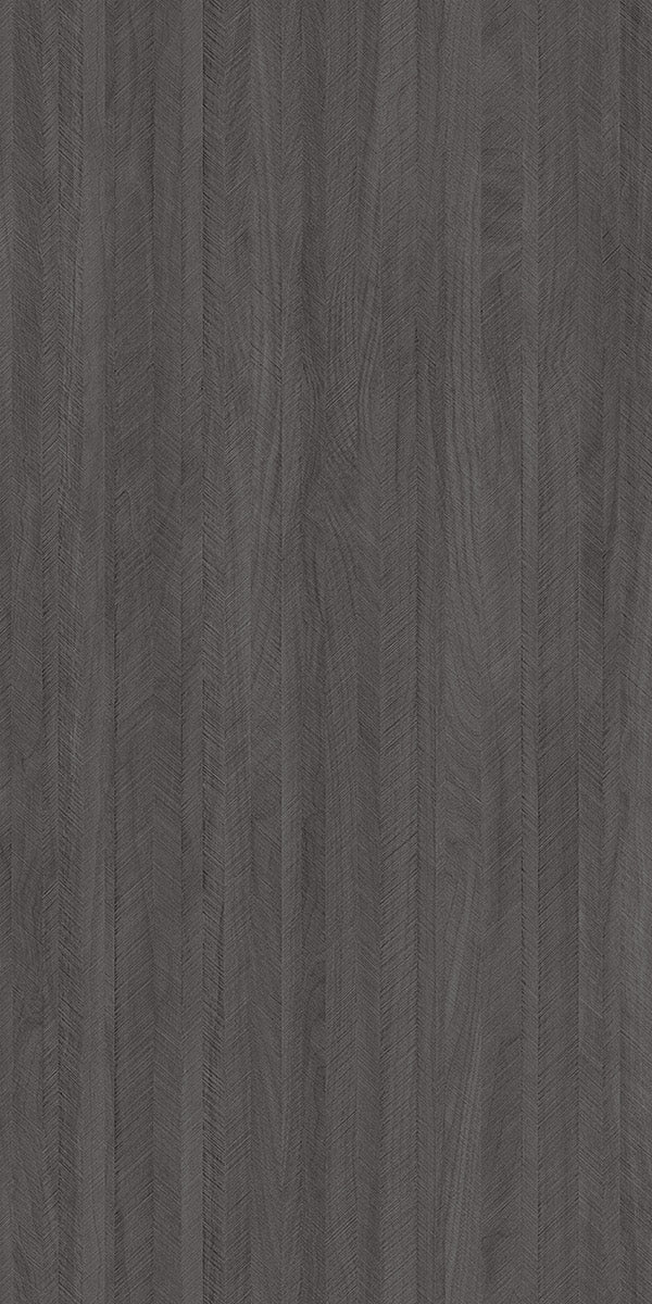 Grey wood grain decorative laminate with suede finish and herringbone pattern, showing textured vertical wood planks.