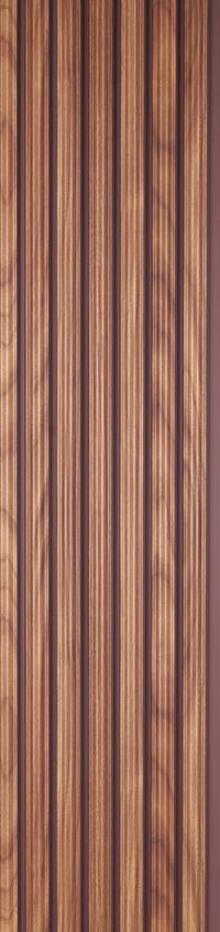 Brown wood louver panel with textured finish and visible wood grain pattern on vertical slats