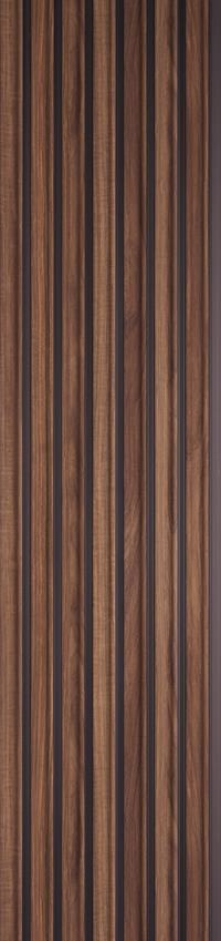 Brown wood louver panel with textured finish and visible wood grain on vertical slats