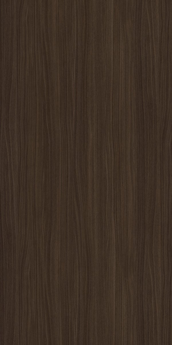 Brown wood grain decorative laminate with suede finish and wavy vertical pattern, showing wood texture and subtle sheen.