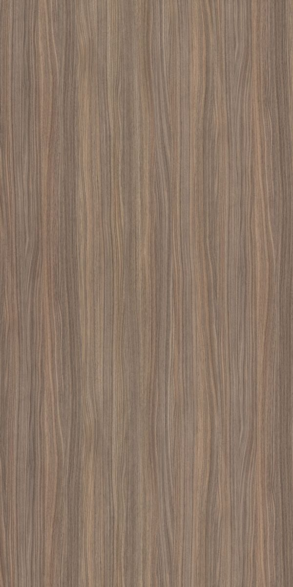 Brown wood grain decorative laminate with suede finish and wavy vertical pattern