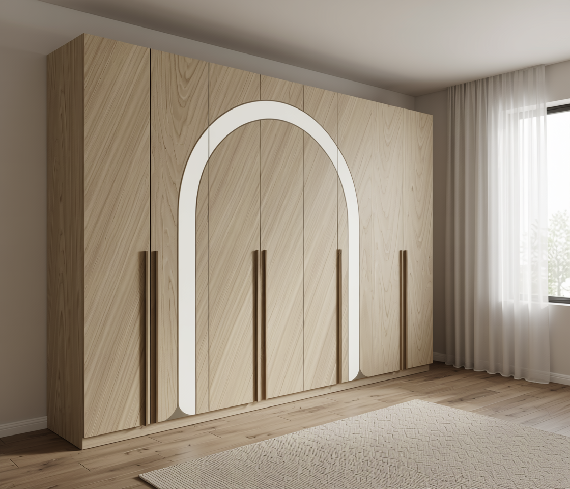 Beige wood grain laminate with diagonal texture and white arched border.