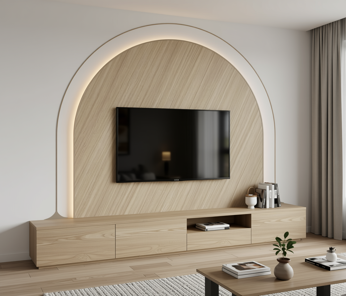 Beige wood grain laminate with diagonal texture and white arched border.