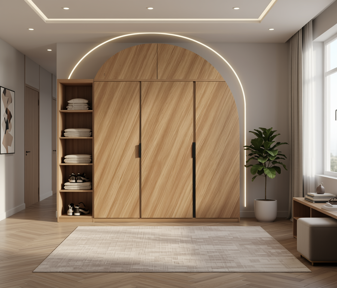 Brown laminate with diagonal wood grain texture and white arched border.