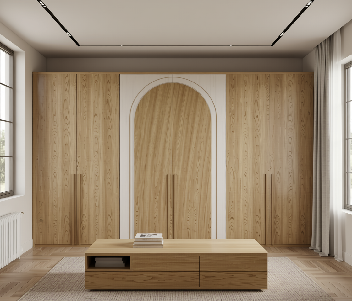 Brown laminate with diagonal wood grain texture and rounded arch shape.