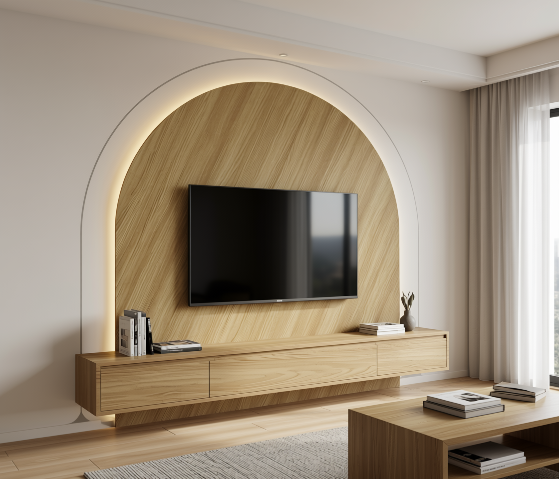 Brown laminate with diagonal wood grain texture and rounded arch shape.