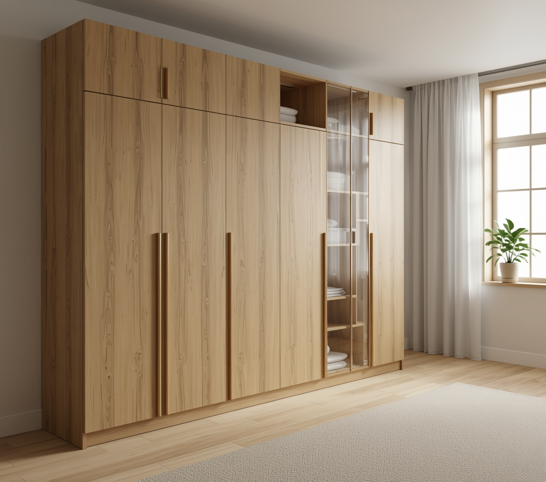 Beige wood-grain laminate with diagonal texture and subtle sheen in an arched frame.