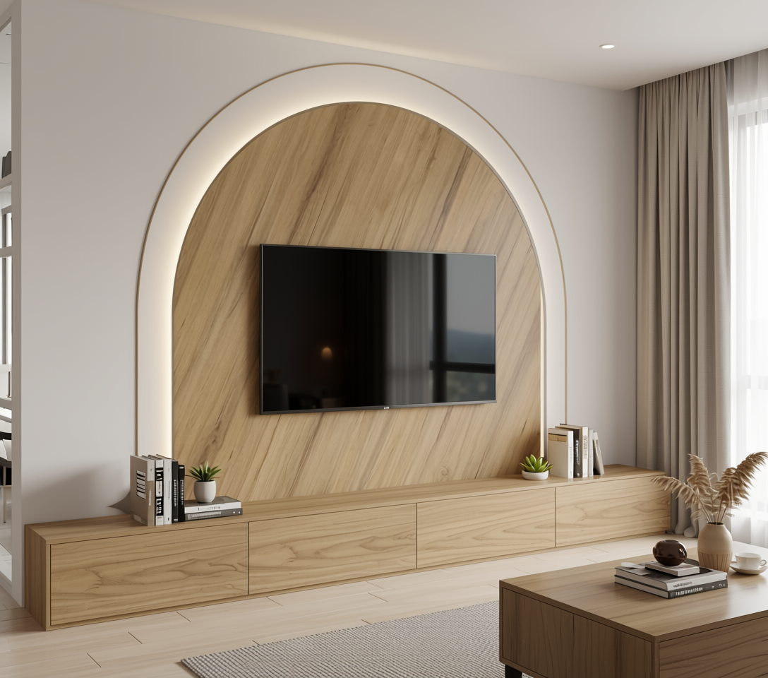 Beige wood-grain laminate with diagonal texture and subtle sheen in an arched frame.