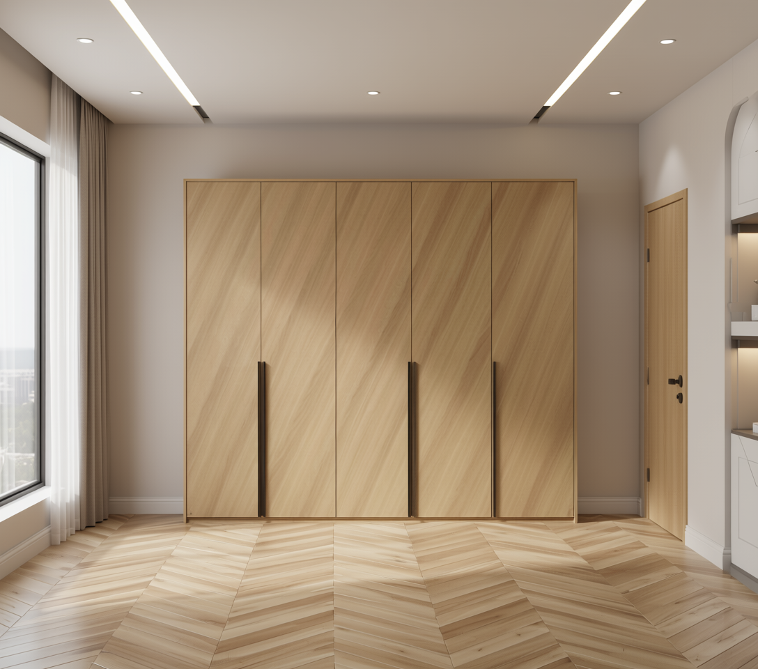 Brown wood grain laminate with diagonal texture and white arched border.