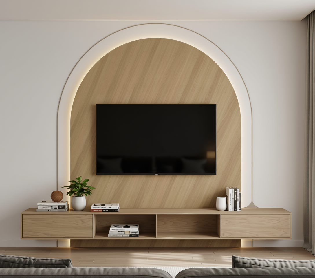 Brown wood grain laminate with diagonal texture and white arched border.