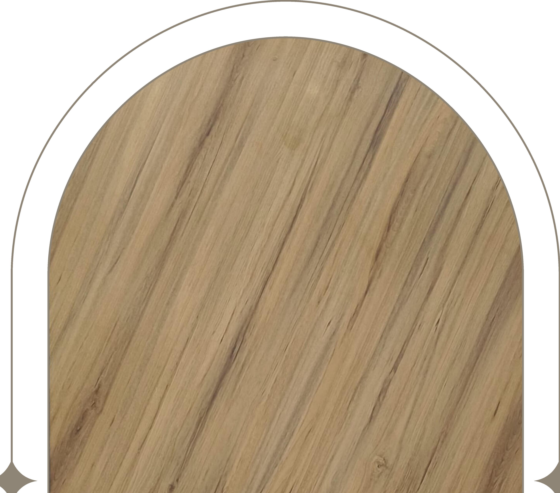 Beige wood-grain laminate with diagonal texture and subtle sheen in an arched frame.