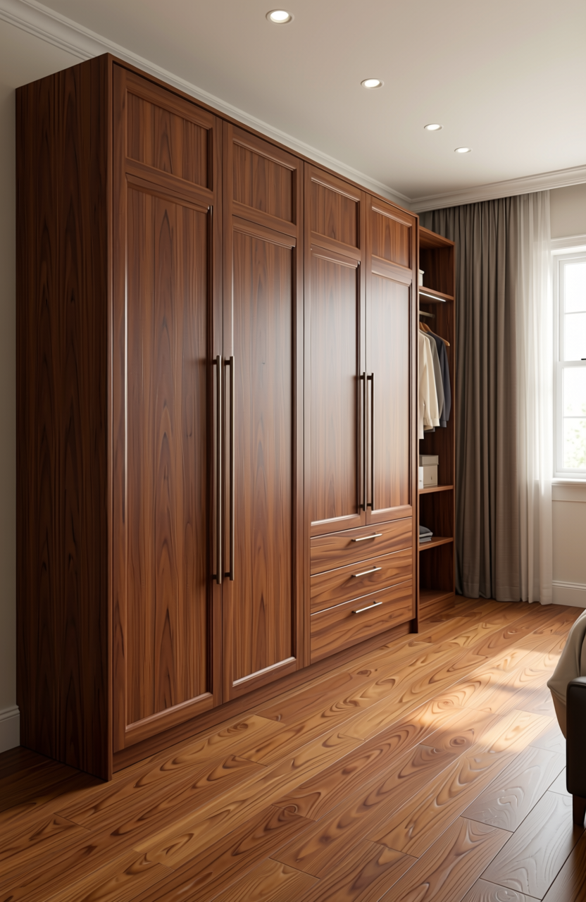 Brown laminate with diagonal wood grain texture and moderate sheen finish.