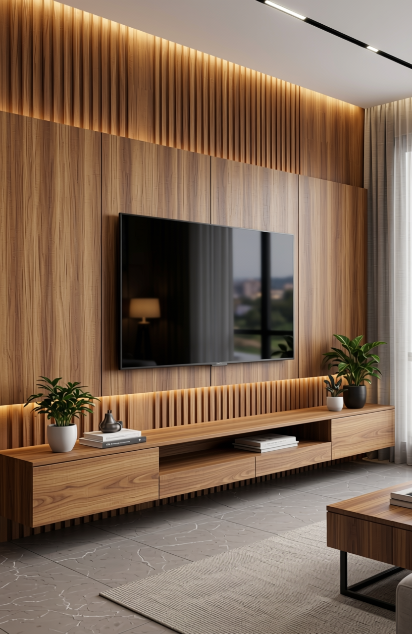 Brown laminate with diagonal wood grain pattern and glossy finish.