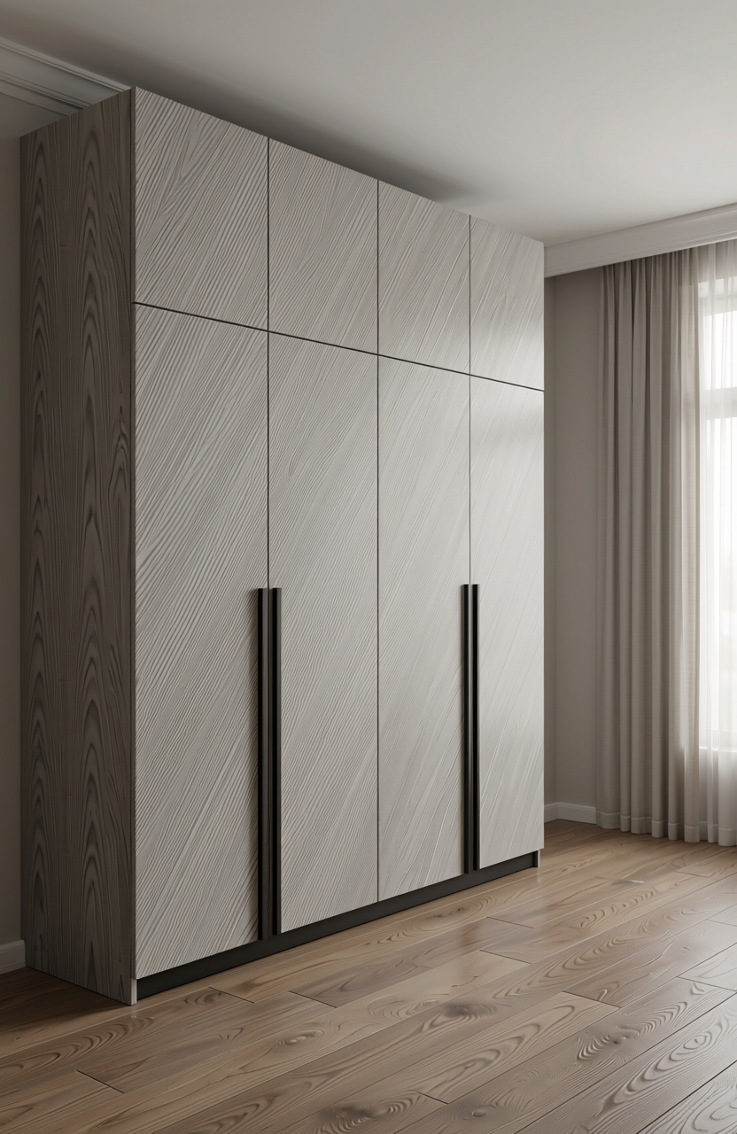 Grey laminate with diagonal fluted texture and subtle sheen.