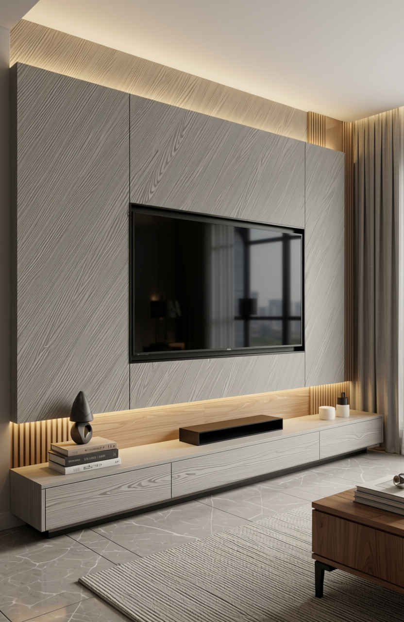Grey laminate with diagonal fluted texture and subtle sheen.