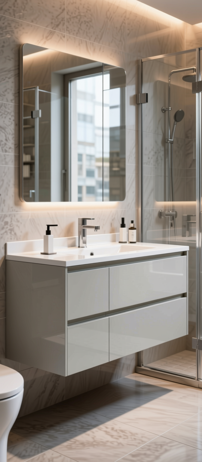 Solid Plain Laminate 8x4 ft High Gloss 1 mm - LM 01727 — application view in a sleek bathroom