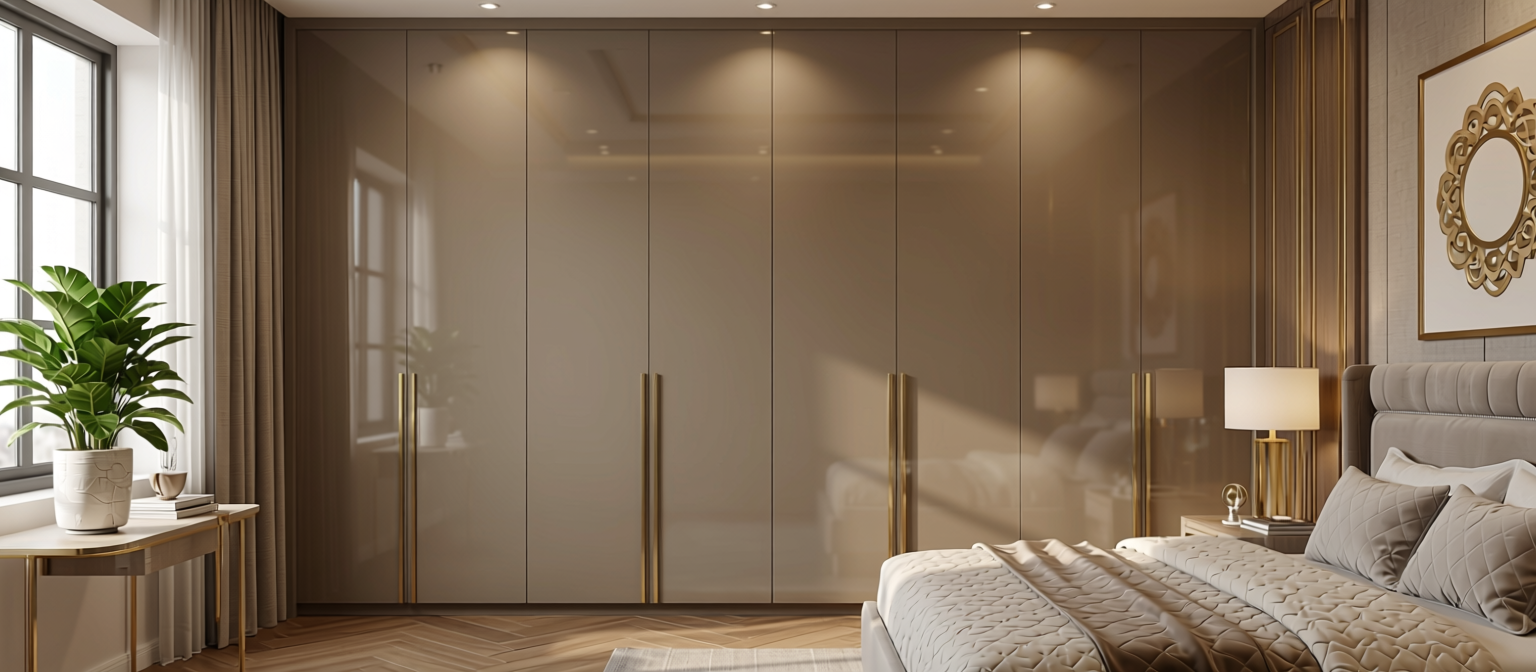 Plain Laminate 8x4 ft High Gloss 1 mm - LM 15490 — application view in a luxury bedroom