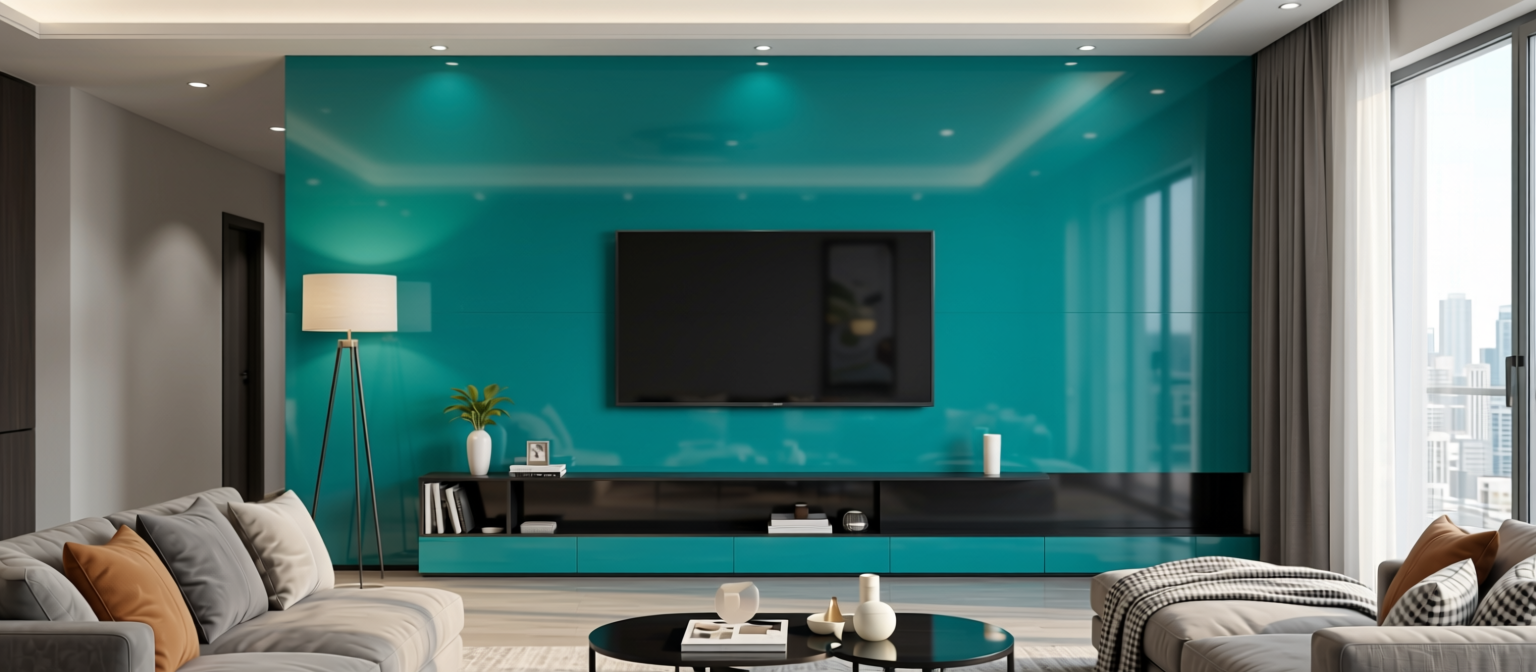 15533 Plain Laminate 8x4 ft High Gloss 1 mm - LM 8 — application view in a modern living room