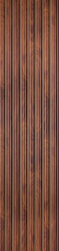 Brown wood louver panel with textured finish and vertical slats showing wood grain pattern and thin white gaps between slats.
