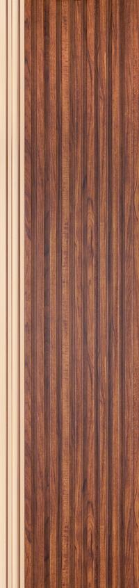 Brown wood louver panel with textured finish and vertical wood grain pattern on wall panel surface.