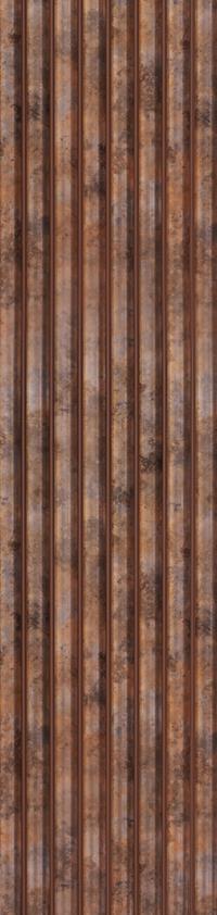 Brown fluted wall panel with textured finish and vertical grooves, showing a mottled pattern and rough surface.
