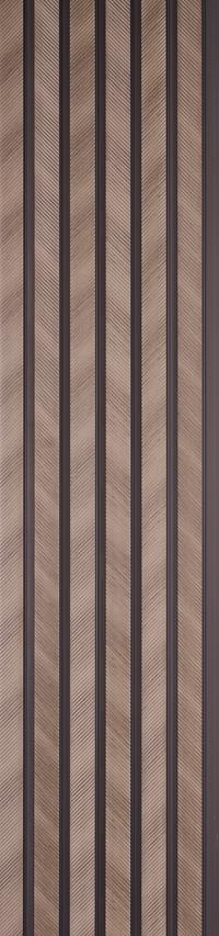Brown wood louver panel with textured wood grain finish and vertical slats.