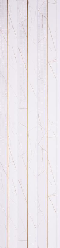 White marble wall panel with textured finish and gold accents, featuring vertical slats and veining pattern on louver design.