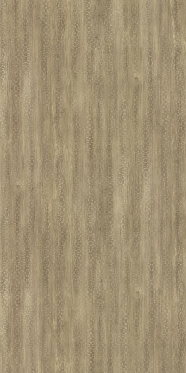 Beige wood grain decorative laminate with suede finish and vertical pattern of circles and wood texture