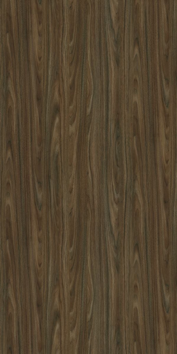 Brown wood grain decorative laminate with suede finish and vertical wood pattern texture