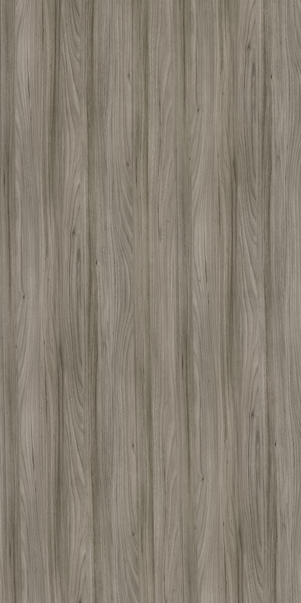 Grey wood grain decorative laminate with suede finish and vertical wood pattern texture