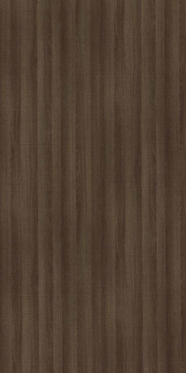 Brown wood grain decorative laminate with suede finish and vertical wood pattern texture