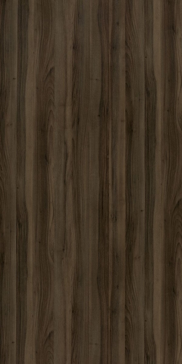 Brown wood grain decorative laminate with suede finish and vertical wood pattern texture.