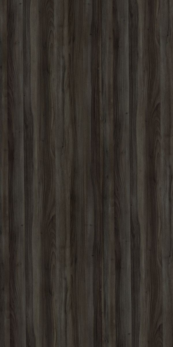 Grey wood grain decorative laminate with suede finish and vertical wood pattern texture