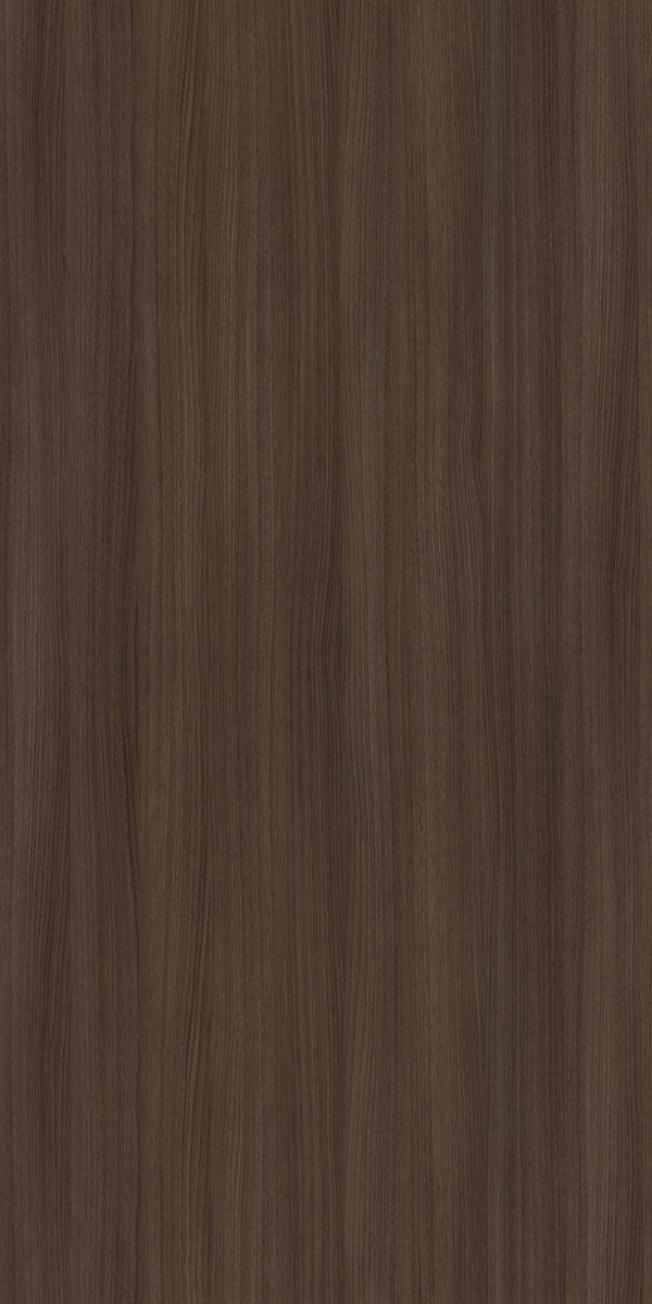 Brown wood grain decorative laminate with suede finish and vertical wood pattern texture
